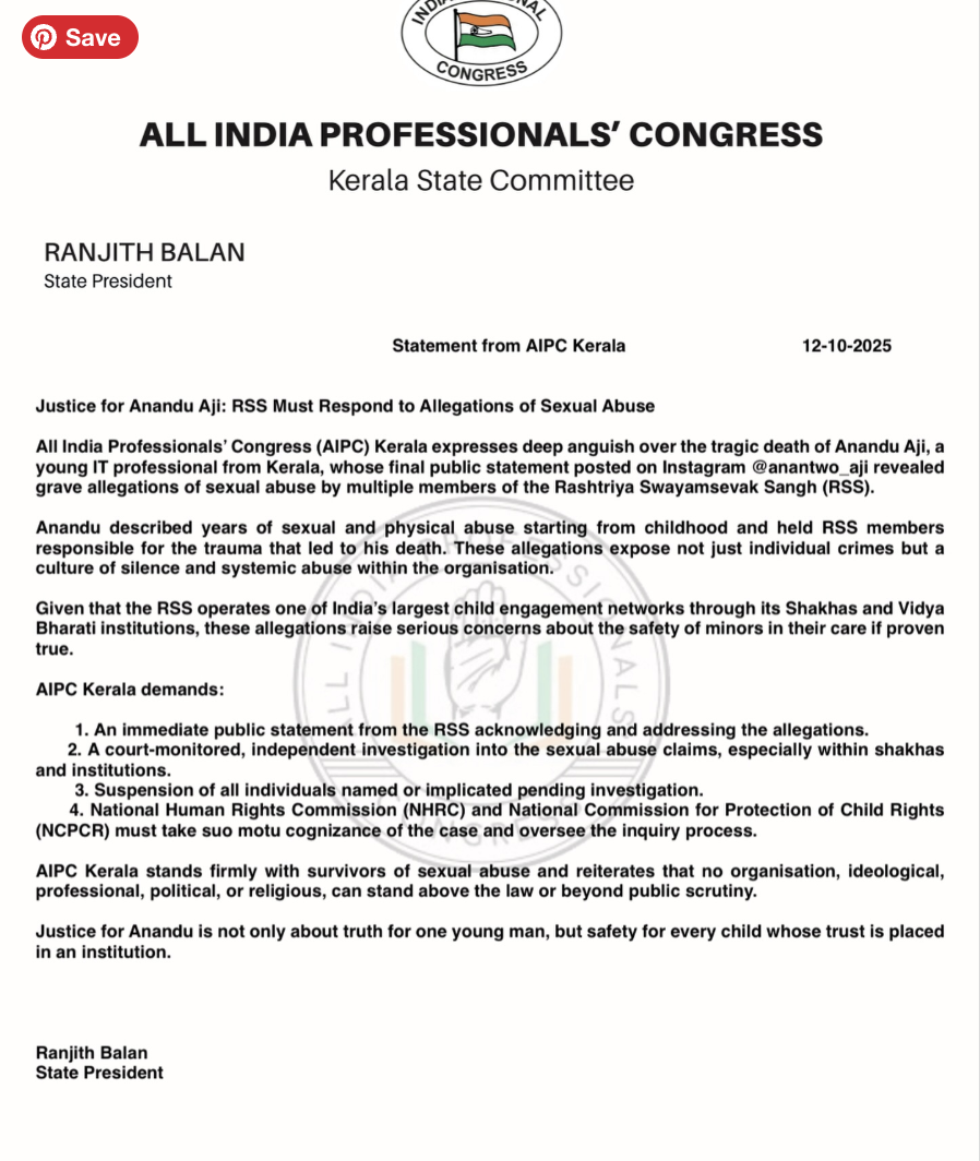 AIPC Kerala calls on the RSS | Tragic Death of Mr. Anandu Aji | System Sexual Abuse